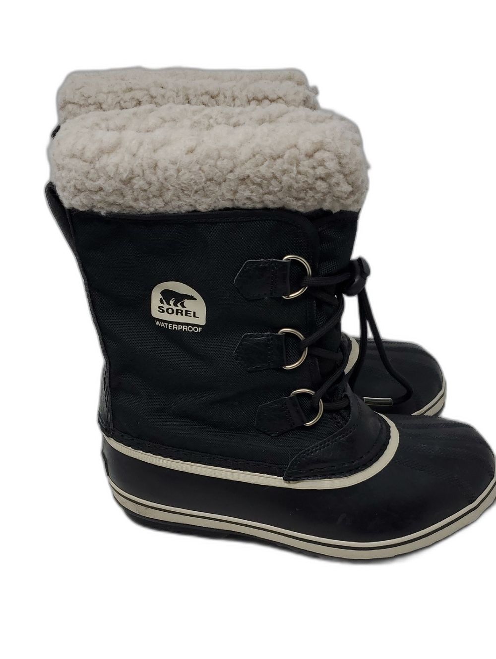 Sorel Black and Cream Waterproof Winter Boots with Shearling Cuff Size 6